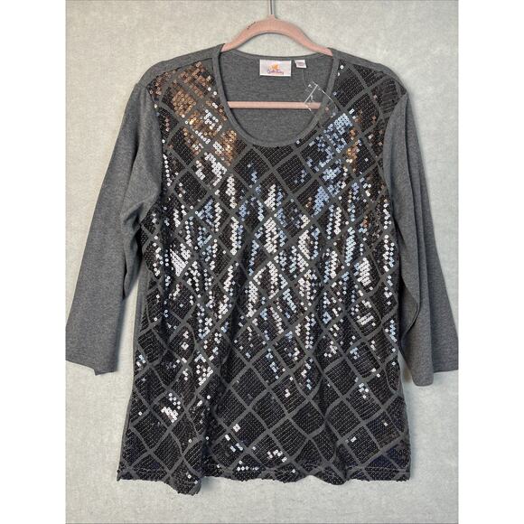 Quacker Factory Shirt 1X Gray Sequin ¾ Sleeve Top Excellent Condition NWT - Picture 1 of 4